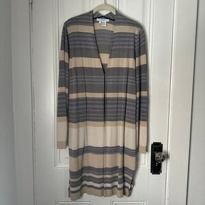 Striped Duster Cardigan Sweater Longline‎ Tan Black Knit